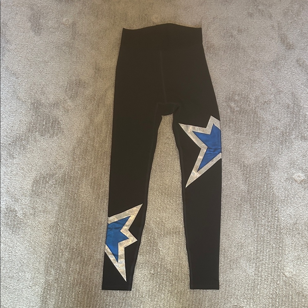 Heroine Sport Black Leggings with Blue and Silver Star Accents